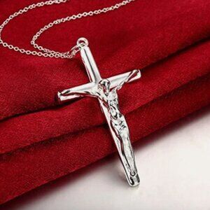 Mens Womens 925 Sterling Silver Jesus Cross Pendant 18" Chain Necklace